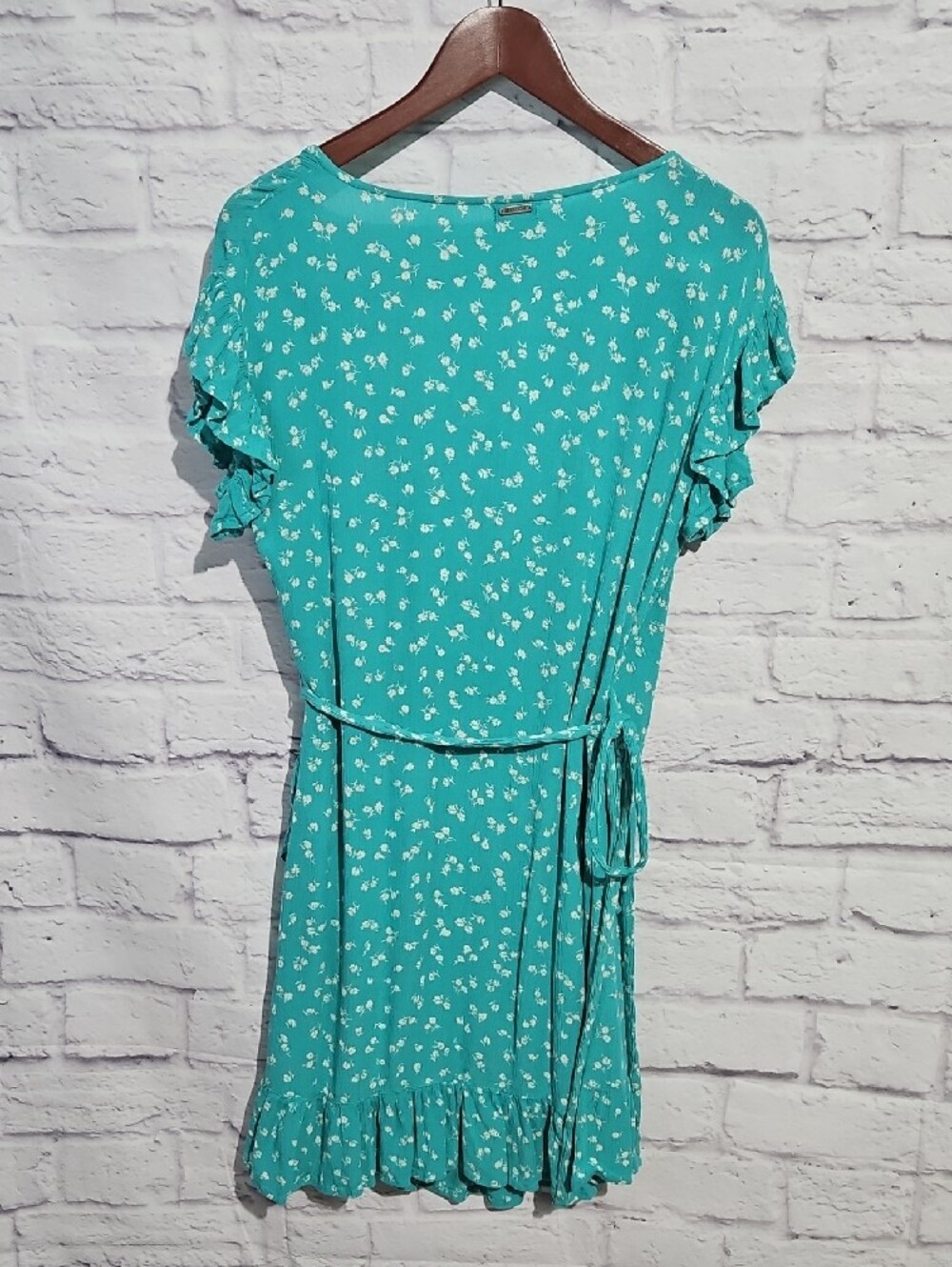 Billabong Teal Floral Wrap Dress with Ruffle Trim - Picture 5 of 7